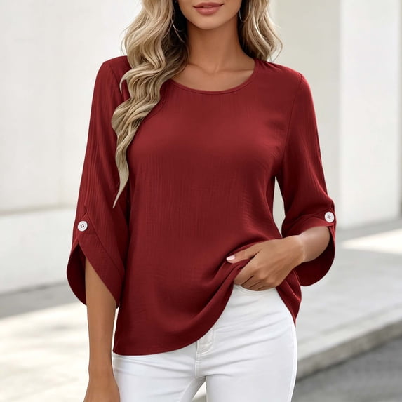 Yteetum 3/4 Length Sleeve Summer Tops for Women Oversized 3/4 Sleeve Crewneck Cotton Linen Shirts Casual Solid Round Neck Loose Lightweight Comfy Half Sleeve T Shirts