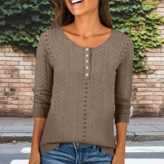 Yteetum 3/4 Length Sleeve Tops for Women Oversized Crewneck Buckle Front Jacquard Eyelet Short Sleeve T Shirts Womens Casual Solid Summer Round Neck Tee Shirts Loose Fits Three Quarter Sleeve Shirts