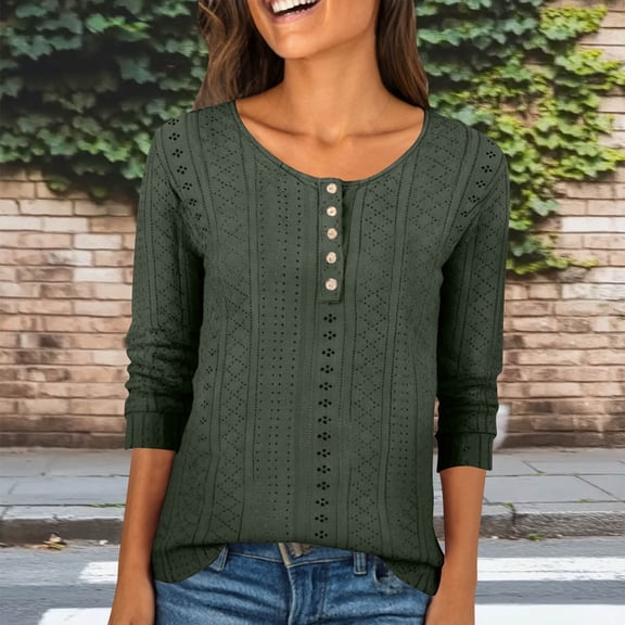 Yteetum 3/4 Length Sleeve Tops for Women Oversized Crewneck Buckle Front Jacquard Eyelet Short Sleeve T Shirts Womens Casual Solid Summer Round Neck Tee Shirts Loose Fits Three Quarter Sleeve Shirts