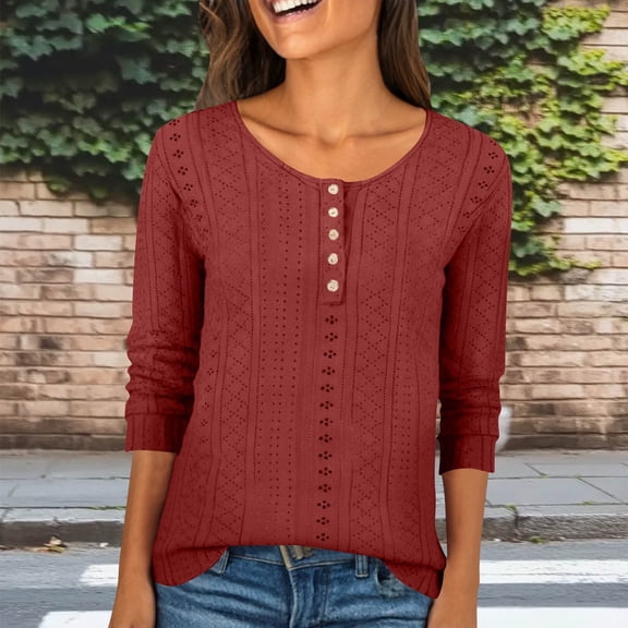 Yteetum 3/4 Length Sleeve Tops for Women Oversized Crewneck Buckle Front Jacquard Eyelet Short Sleeve T Shirts Womens Casual Solid Summer Round Neck Tee Shirts Loose Fits Three Quarter Sleeve Shirts