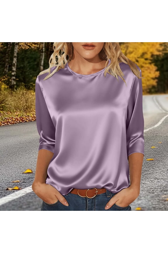 3/4 Length Sleeve Womens Satin Tops Oversized Crewneck Satin Silk T Shirts Blouses Womens Casual Solid Plus Size Round Neck Loose Fits Three Quarter Sleeve Shirt Spring Summer Clothes