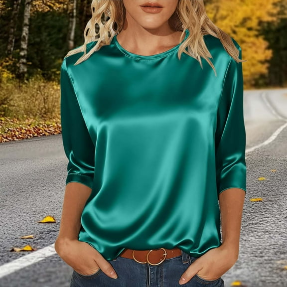 Yteetum 3/4 Length Sleeve Womens Satin Tops Oversized Crewneck Satin Silk T Shirts Blouses Womens Casual Solid Plus Size Round Neck Loose Fits Three Quarter Sleeve Shirt Spring Summer Clothes
