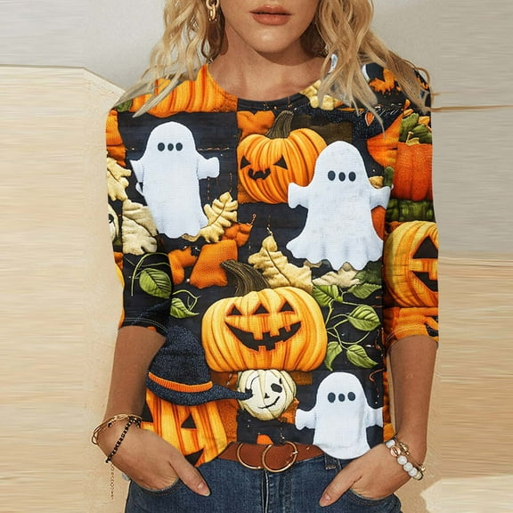 Yteetum 3/4 Length Sleeve Womens Tops Halloween Print Oversize Crew Neck T-Shirt Top Ladies Casual Halloween Graphic Round Neck Loose Fits Plus Size Three Quarter Sleeve Shirt Fall Winter Base Layers