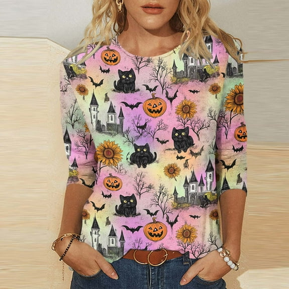 Yteetum 3/4 Length Sleeve Womens Tops Halloween Print Oversize Crew Neck T-Shirt Top Ladies Casual Halloween Graphic Round Neck Loose Fits Plus Size Three Quarter Sleeve Shirt Fall Winter Base Layers