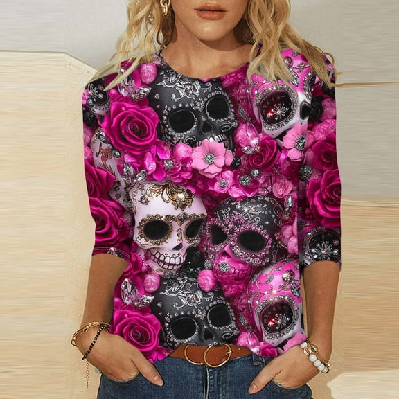 Yteetum 3/4 Length Sleeve Womens Tops Halloween Print Oversize Crew Neck T-Shirt Top Ladies Casual Halloween Graphic Round Neck Loose Fits Plus Size Three Quarter Sleeve Shirt Fall Winter Base Layers