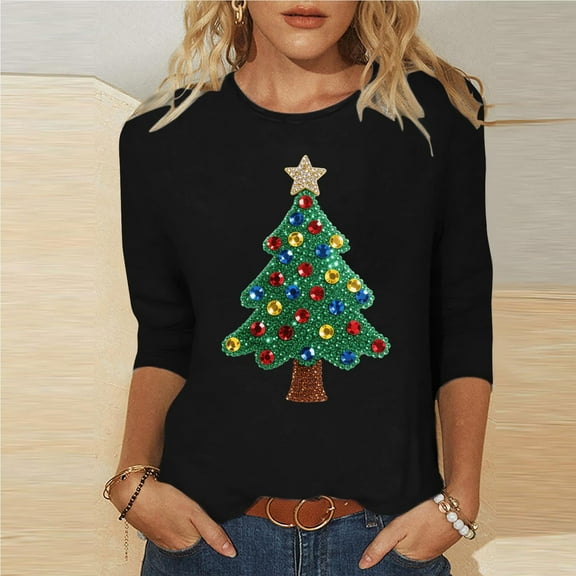 Yteetum 3/4 Length Sleeve Womens Tops Oversize Crew Neck Christmas Print Cotton T Shirts Womens Christmas Graphic Print Three Quarter Sleeve Loose Round Neck Pullover Shirts Fall Winter Base Layers