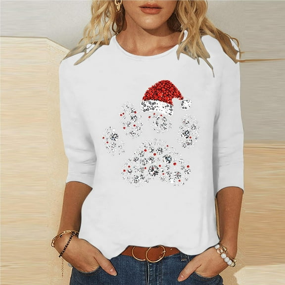 Yteetum 3/4 Length Sleeve Womens Tops Oversize Crew Neck Christmas Print Cotton T Shirts Womens Christmas Graphic Print Three Quarter Sleeve Loose Round Neck Pullover Shirts Fall Winter Base Layers