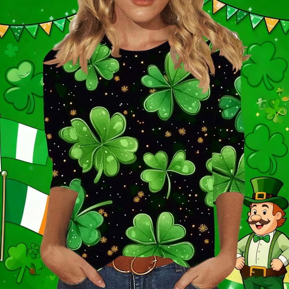 Yteetum 3/4 Length Sleeve Womens Tops Oversized Crewneck St Patricks Day Shamrocks Graphic Print T Shirt Womens Casual Plus Size Round Neck Loose Irish Festivities Three Quarter Sleeve Shirt