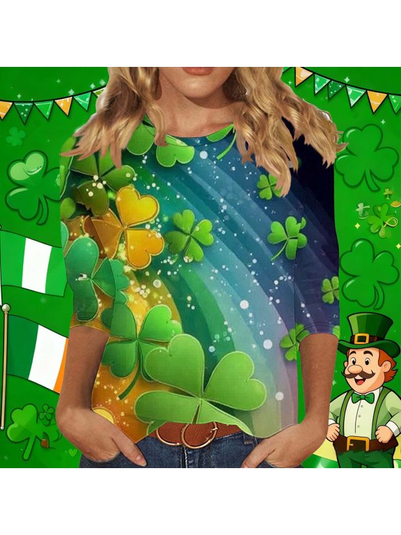 3/4 Length Sleeve Womens Tops Oversized Crewneck St Patricks Day Shamrocks Graphic Print T Shirt Womens Casual Plus Size Round Neck Loose Irish Festivities Three Quarter Sleeve Shirt