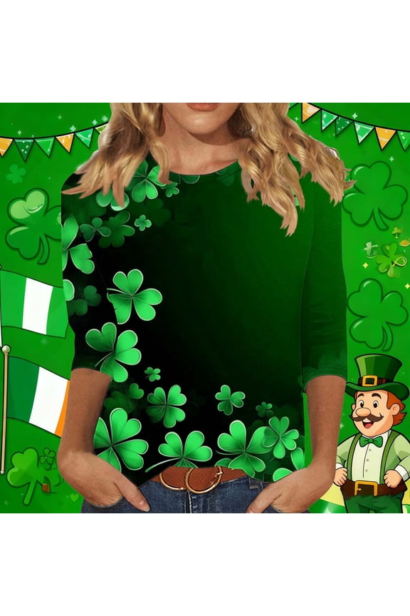 3/4 Length Sleeve Womens Tops Oversized Crewneck St Patricks Day Shamrocks Graphic Print T Shirt Womens Casual Plus Size Round Neck Loose Irish Festivities Three Quarter Sleeve Shirt