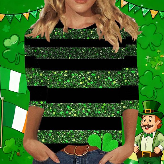 Yteetum 3/4 Length Sleeve Womens Tops Oversized Crewneck St Patricks Day Shamrocks Graphic Print T Shirt Womens Casual Plus Size Round Neck Loose Irish Festivities Three Quarter Sleeve Shirt
