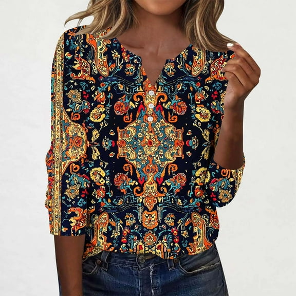 Yteetum 3/4 Length Sleeve Womens Tops Vintage Inspired Print Button-Up V-Neck T-Shirt Ladies Casual Print Loose Fits Light Three Quarter Sleeve Pullover Tee Shirts Blouses Fall Winter Base Layers