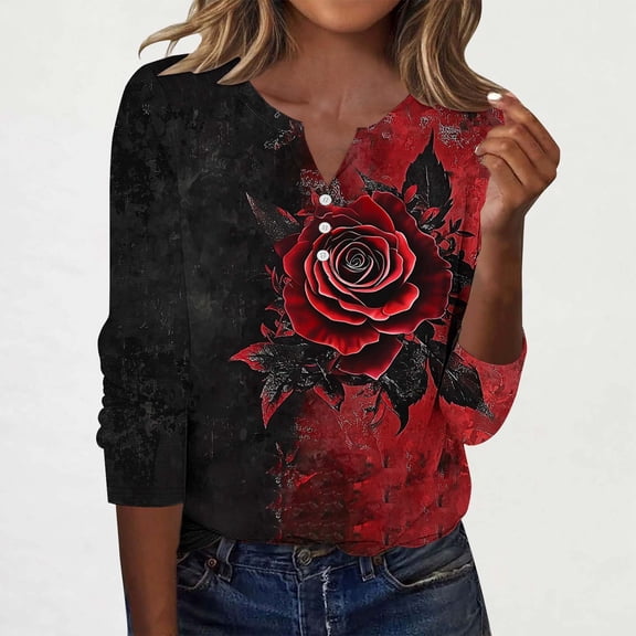 Yteetum 3/4 Length Sleeve Womens Tops Vintage Inspired Print Button-Up V-Neck T-Shirt Ladies Casual Print Loose Fits Light Three Quarter Sleeve Pullover Tee Shirts Blouses Fall Winter Base Layers