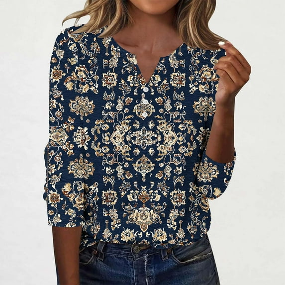 Yteetum 3/4 Length Sleeve Womens Tops Vintage Inspired Print Button-Up V-Neck T-Shirt Ladies Casual Print Loose Fits Light Three Quarter Sleeve Pullover Tee Shirts Blouses Fall Winter Base Layers