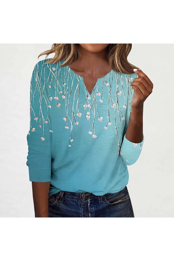 3/4 Length Sleeve Womens Tops Vintage Inspired Print Button-Up V-Neck T-Shirt Ladies Casual Print Loose Fits Light Three Quarter Sleeve Pullover Tee Shirts Blouses Fall Winter Base Layers