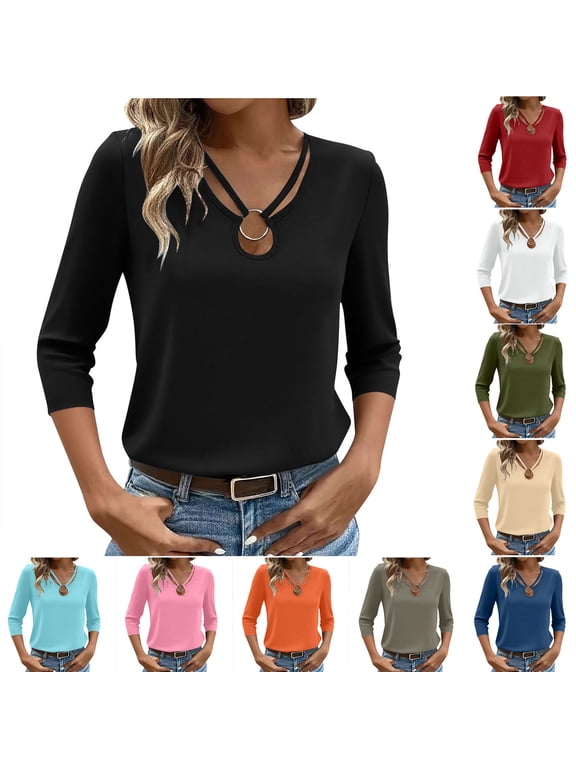 3/4 Sleeve Shirts for Women V-Neck Half Sleeves T-Shirts Blouses Casual Solid Color Loose Lightweight Comfortable Sports t Iron Ring Three Quarter Sleeve Shirts Tops Summer and Fall
