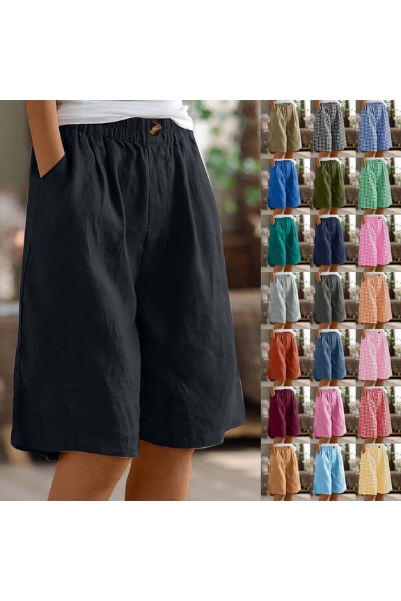 Bermuda Shorts for Women Summer Half Shorts Pants Ladies Elastic Waist Solid Color Cotton Linen Buttons Half Pants SHorts with Pockets
