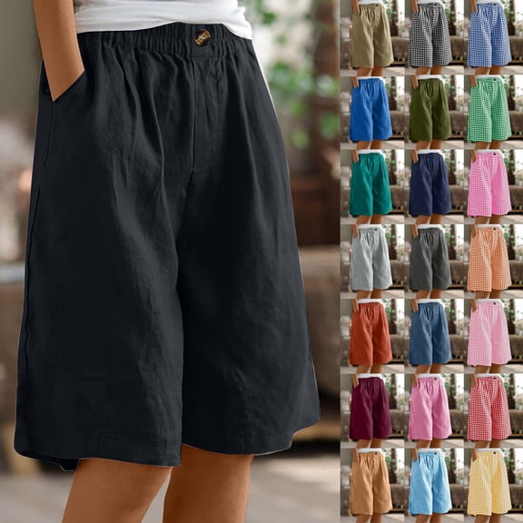 Yteetum Bermuda Shorts for Women Summer Half Shorts Pants Ladies Elastic Waist Solid Color Cotton Linen Buttons Half Pants SHorts with Pockets XL