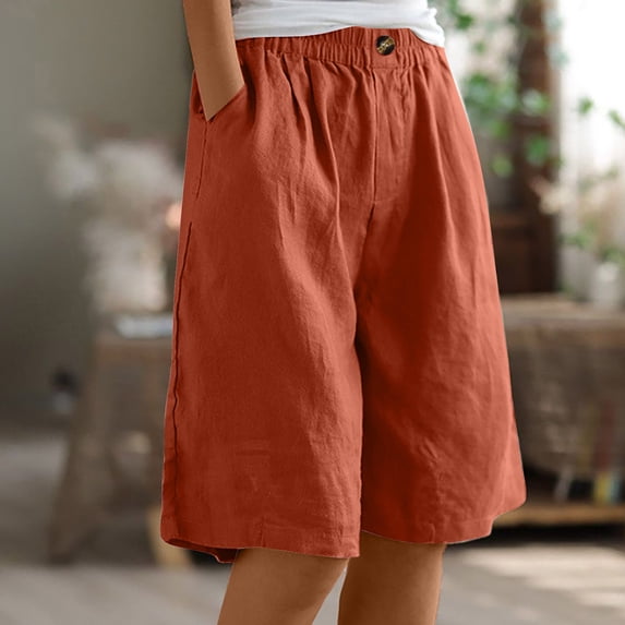 Yteetum Bermuda Shorts for Women Summer Half Shorts Pants Ladies Elastic Waist Solid Color Cotton Linen Buttons Half Pants SHorts with Pockets XXL