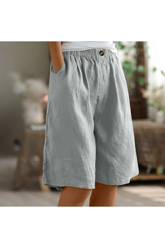 Bermuda Shorts for Women Summer Half Shorts Pants Ladies Elastic Waist Solid Color Cotton Linen Buttons Half Pants SHorts with Pockets XXL