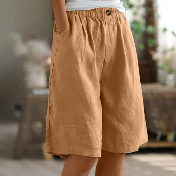 Yteetum Bermuda Shorts for Women Summer Half Shorts Pants Ladies Elastic Waist Solid Color Cotton Linen Buttons Half Pants SHorts with Pockets XXL