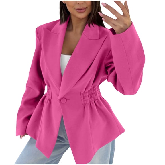 Yteetum Blazers for Women Oversized Single Button Pleated Waistline Notched Lapel Suit Jacket Womens Casual Solid Turndown Button Pleated Waist Cinched Slim Fits Work Office Business Blazer Jackets