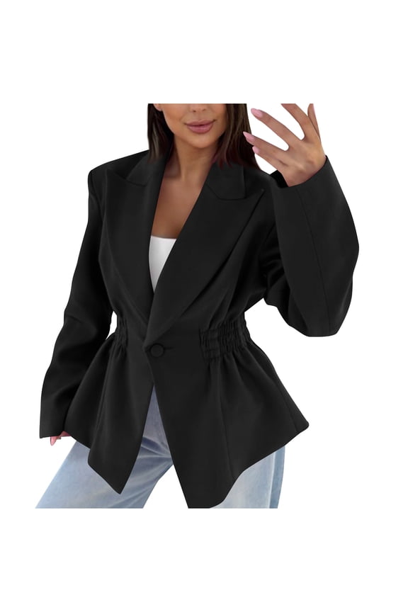 Blazers for Women Oversized Single Button Pleated Waistline Notched Lapel Suit Jacket Womens Casual Solid Turndown Button Pleated Waist Cinched Slim Fits Work Office Business Blazer Jackets