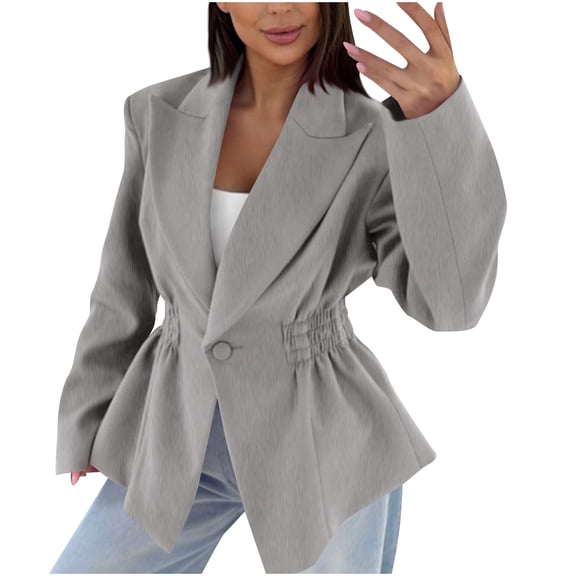 Yteetum Blazers for Women Oversized Single Button Pleated Waistline Notched Lapel Suit Jacket Womens Casual Solid Turndown Button Pleated Waist Cinched Slim Fits Work Office Business Blazer Jackets