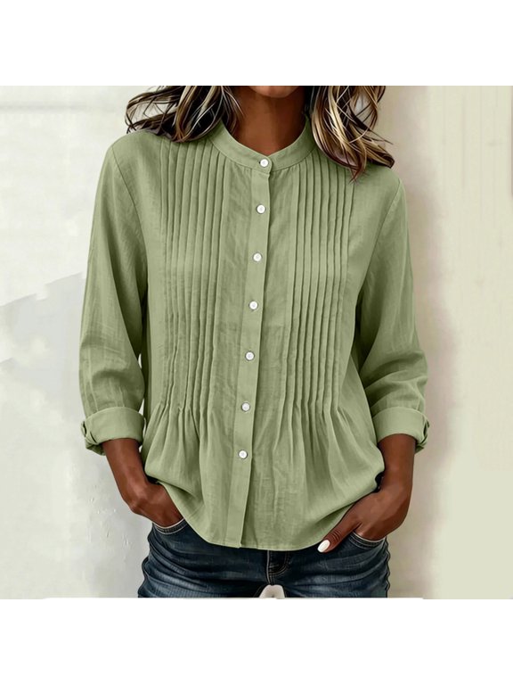 Blouses for Women Oversized Long Sleeve Button Down Pleated Shirts Women Fall Casual Solid Lightweight Loose Cardigan Shirts
