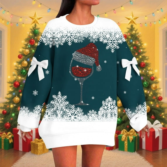 Yteetum Chirstmas Hoodies for Women Oversized Crewneck Chirstmas Graphic Print Drop Shoulder Pullover Hooded Sweatshirt Coat Womens Casual Bow Round Neck Loose Fits Long Sleeve Hoodies Sweatshirt Top