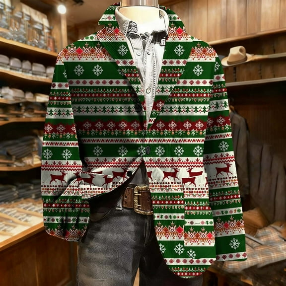 Yteetum Christmas Blazer for Men Oversized Corduroy Christmas Printed Notch Lapel Single Breasted Suit Jackets Mens Xmas Print Holiday Party Turndown Blazers Button Slim Fits Business Office Blazers