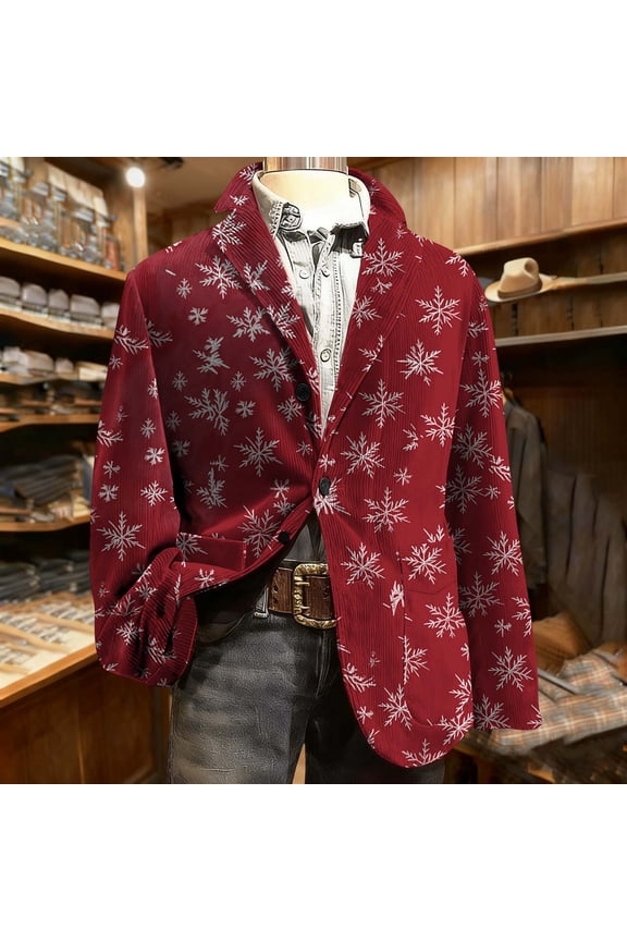 Christmas Blazer for Men Oversized Corduroy Christmas Printed Notch Lapel Single Breasted Suit Jackets Mens Xmas Print Holiday Party Turndown Blazers Button Slim Fits Business Office Blazers