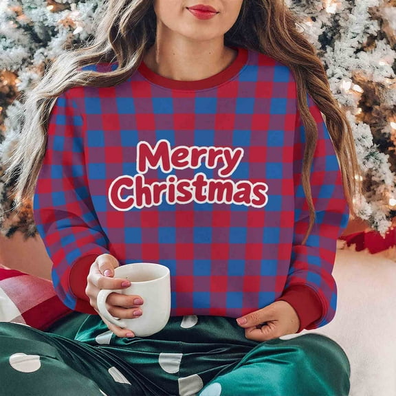 Yteetum Christmas Crewneck Sweartshirts for Women Oversize Merry Christmas Plaid Raglan Letter Print Fleece-Lined Pullover Hoodless Sweatshirts Top Womens Round Neck Sports Xmas Holiday Sweatshirts