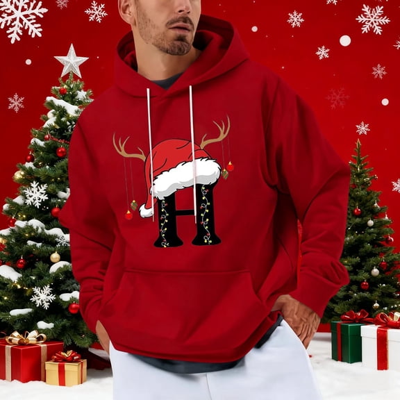 Yteetum Christmas Hoodies for Men Oversized Christmas Letter Print Drawstring Pullover Hooded Sweatshirts Mens Casual Christmas Graphic Print Loose Long Sleeve Hoodies Xmas Holiday Hooded Sweatshirt