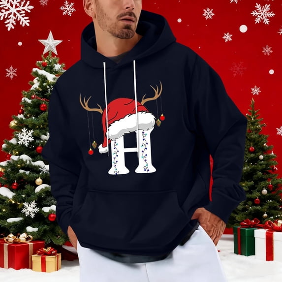 Yteetum Christmas Hoodies for Men Oversized Christmas Letter Print Drawstring Pullover Hooded Sweatshirts Mens Casual Christmas Graphic Print Loose Long Sleeve Hoodies Xmas Holiday Hooded Sweatshirt
