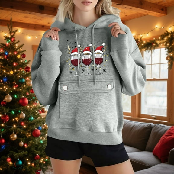 Yteetum Christmas Hoodies Sweatshirts for Women Oversized Drawstring Fleece Pullover Hooded Sweatshirts Coats Womens Casual Christmas Printed Plus Size Loose Long Sleeve Hoodies Outerwear Fall