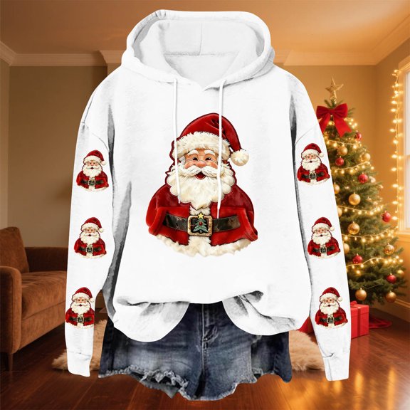 Yteetum Christmas Hoodies for Women Oversized Christmas Santa Claus Print Long Sleeved Fleece Hooded Sweatshirts Pullover Tops Womens Xmas Graphic Loose Drop-Shoulder Fleece Hoodies Fall Winter
