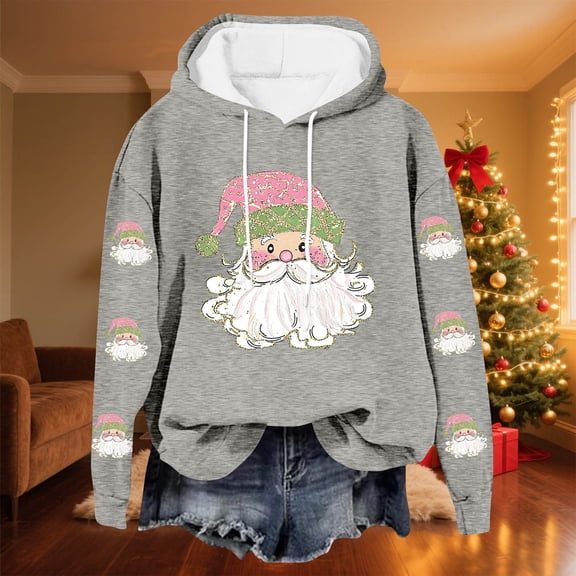 Yteetum Christmas Hoodies for Women Oversized Christmas Santa Claus Print Long Sleeved Fleece Hooded Sweatshirts Pullover Tops Womens Xmas Graphic Loose Drop-Shoulder Fleece Hoodies Fall Winter