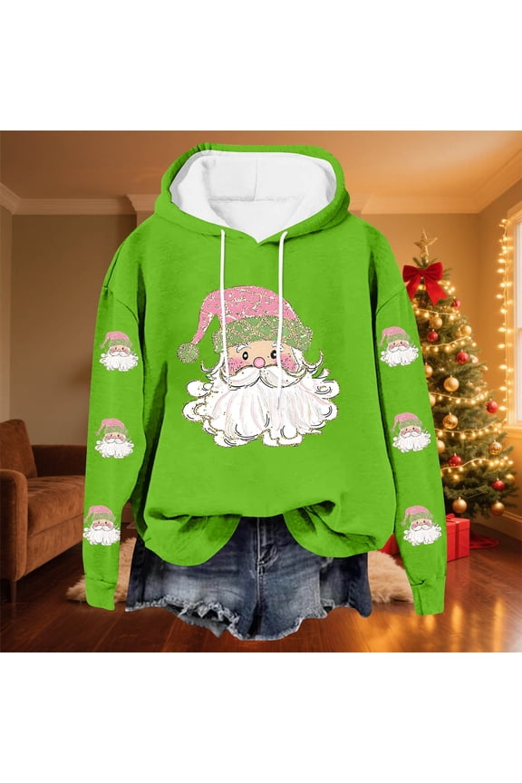 Christmas Hoodies for Women Oversized Christmas Santa Claus Print Long Sleeved Fleece Hooded Sweatshirts Pullover Tops Womens Xmas Graphic Loose Drop-Shoulder Fleece Hoodies Fall Winter