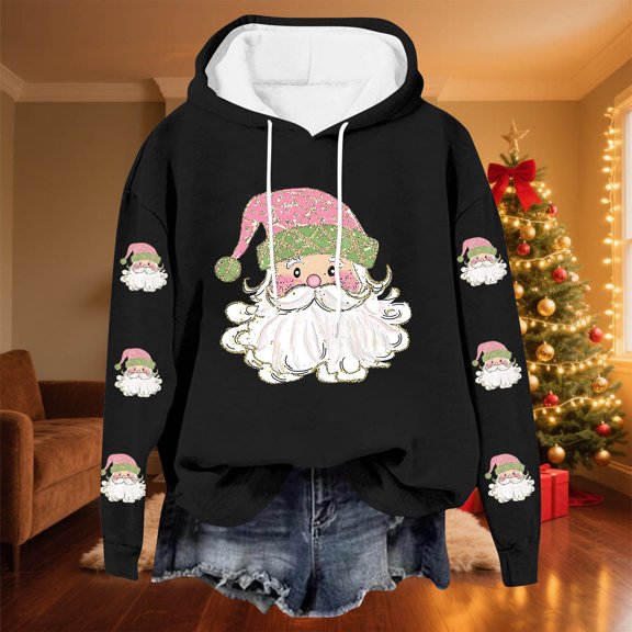 Yteetum Christmas Hoodies for Women Oversized Christmas Santa Claus Print Long Sleeved Fleece Hooded Sweatshirts Pullover Tops Womens Xmas Graphic Loose Drop-Shoulder Fleece Hoodies Fall Winter