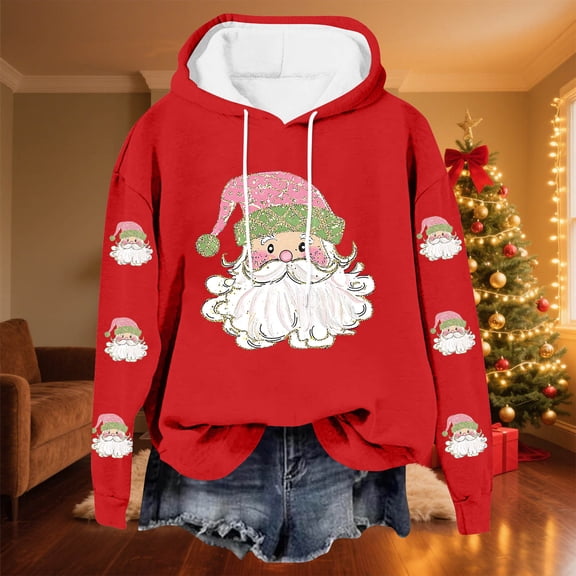 Yteetum Christmas Hoodies for Women Oversized Christmas Santa Claus Print Long Sleeved Fleece Hooded Sweatshirts Pullover Tops Womens Xmas Graphic Loose Drop-Shoulder Fleece Hoodies Fall Winter