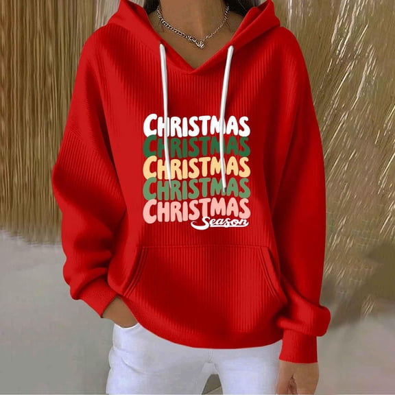 Yteetum Christmas Hoodies for Women Oversized Crewneck Christmas Print Long Sleeve Knit Pullover Drawstring Hooded Sweatshirts Top Womens Casual Loose Xmas Holiday Print Round Neck Hoodies Fall