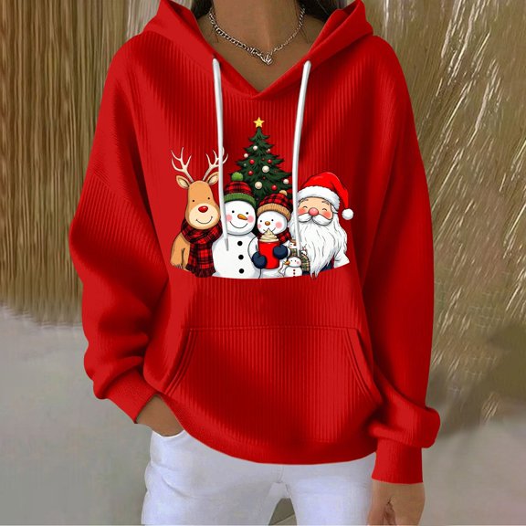 Yteetum Christmas Hoodies for Women Oversized Crewneck Christmas Print Long Sleeve Knit Pullover Drawstring Hooded Sweatshirts Top Womens Casual Loose Xmas Holiday Print Round Neck Hoodies Fall