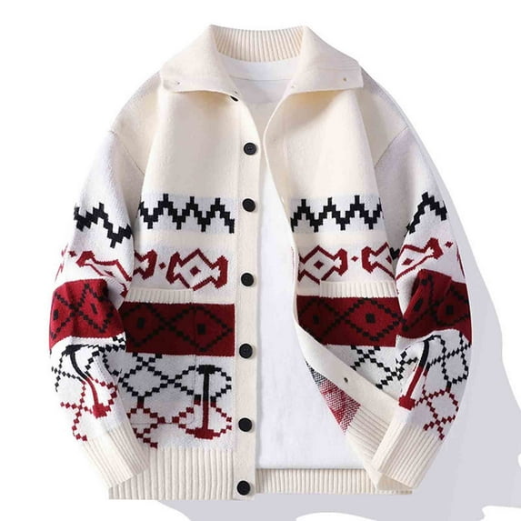 Yteetum Christmas Knitted Sweaters for Men Oversize Button Down Lapel Stretch Pullover Sweaters Top Mens Casual Christmas Print Loose Elastic Long Sleeve Button Turndown Collar Knit Sweater Outerwear