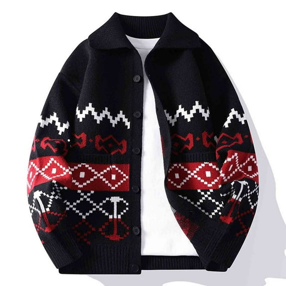Yteetum Christmas Knitted Sweaters for Men Oversize Button Down Lapel Stretch Pullover Sweaters Top Mens Casual Christmas Print Loose Elastic Long Sleeve Button Turndown Collar Knit Sweater Outerwear