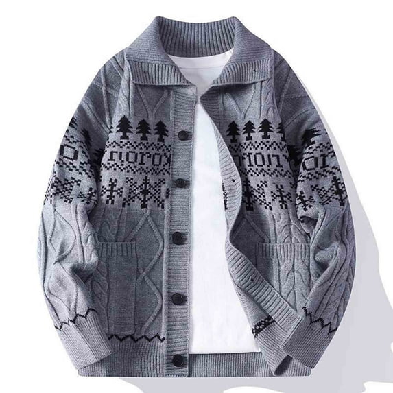 Yteetum Christmas Knitted Sweaters for Men Oversize Button Down Lapel Stretch Pullover Sweaters Top Mens Casual Christmas Print Loose Elastic Long Sleeve Button Turndown Collar Knit Sweater Outerwear