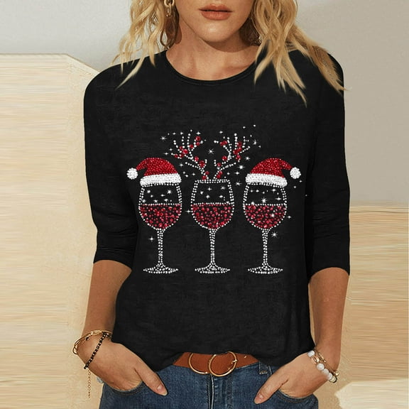 Yteetum Christmas Shirt for Women Oversize Crew Neck 3/4 Length Sleeve Cotton T Shirts Tops Womens Christmas Print Three Quarter Sleeve Loose Round Neck Pullover Tee Shirts Fall Winter Basic Shirts