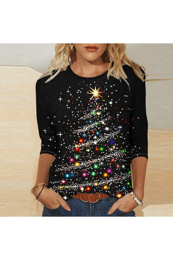 Christmas Shirt for Women Oversize Crew Neck 3/4 Length Sleeve Cotton T Shirts Tops Womens Christmas Print Three Quarter Sleeve Loose Round Neck Pullover Tee Shirts Fall Winter Basic Shirts