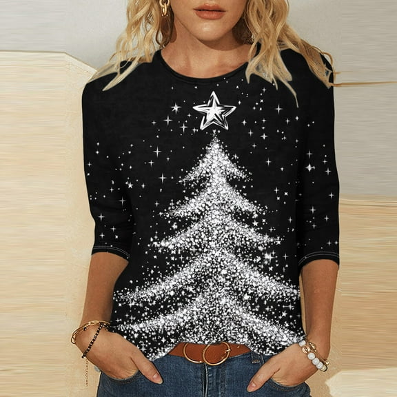 Yteetum Christmas Shirt for Women Oversize Crew Neck 3/4 Length Sleeve Cotton T Shirts Tops Womens Christmas Print Three Quarter Sleeve Loose Round Neck Pullover Tee Shirts Fall Winter Basic Shirts
