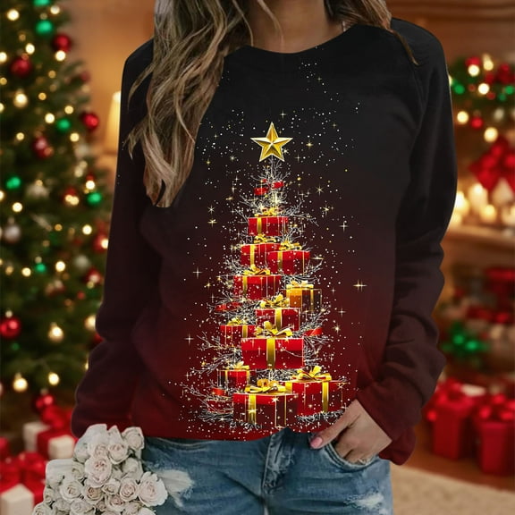 Yteetum Christmas Sweatshirt for Women Christmas Graphic Print Oversize Pullover Crewneck Hoodless Sweatshirts Womens Casual Round Neck Print Loose Raglan Sleeve Sweatshirts Long Sleeve T Shirts Tops
